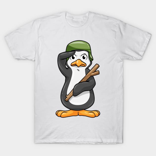 Penguin as soldier with helmet and military salute T-Shirt by Markus Schnabel